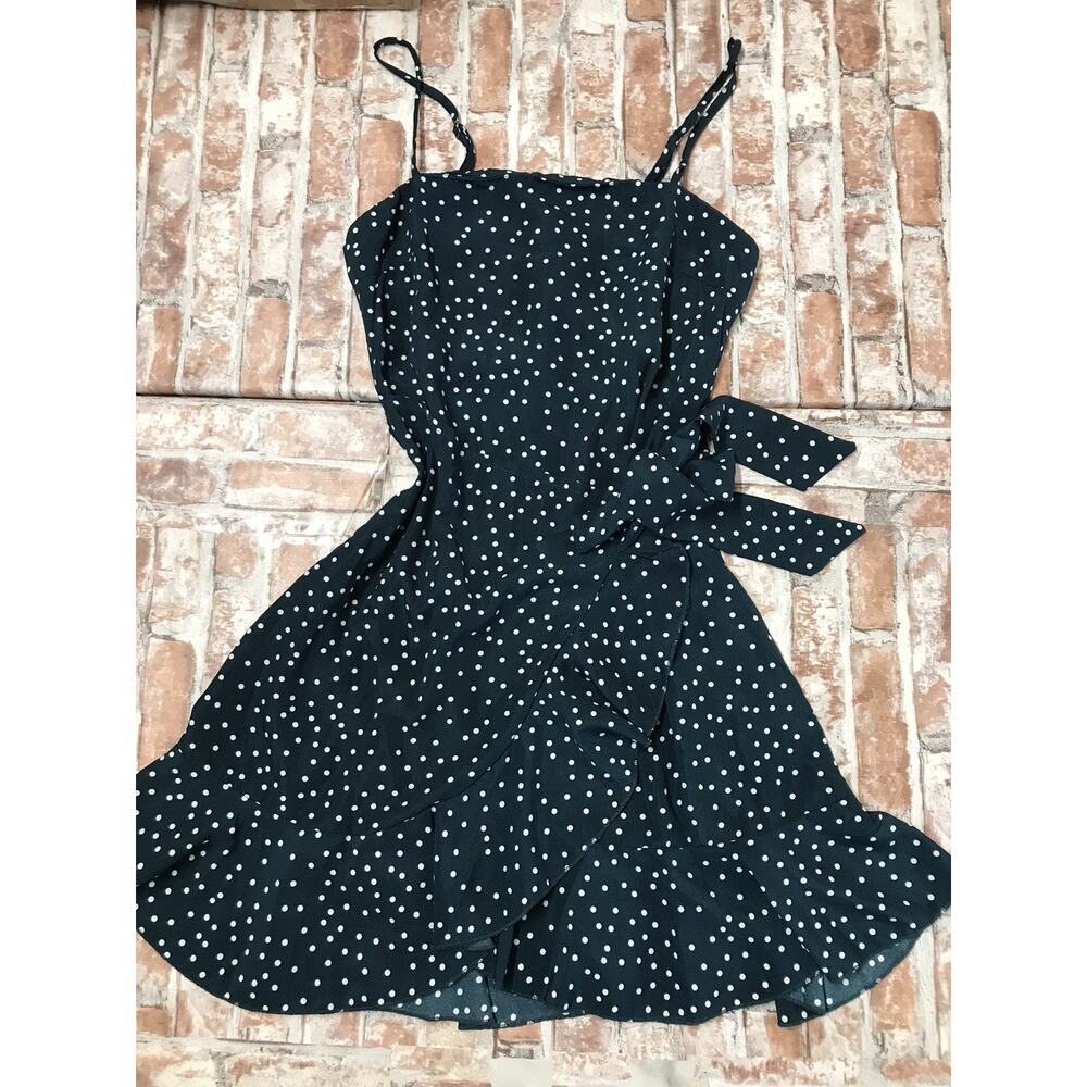 Princess Polly Caesura Mini Dress Women's Sz 4 Teal Ruffle Hem Polka Dots Strapy